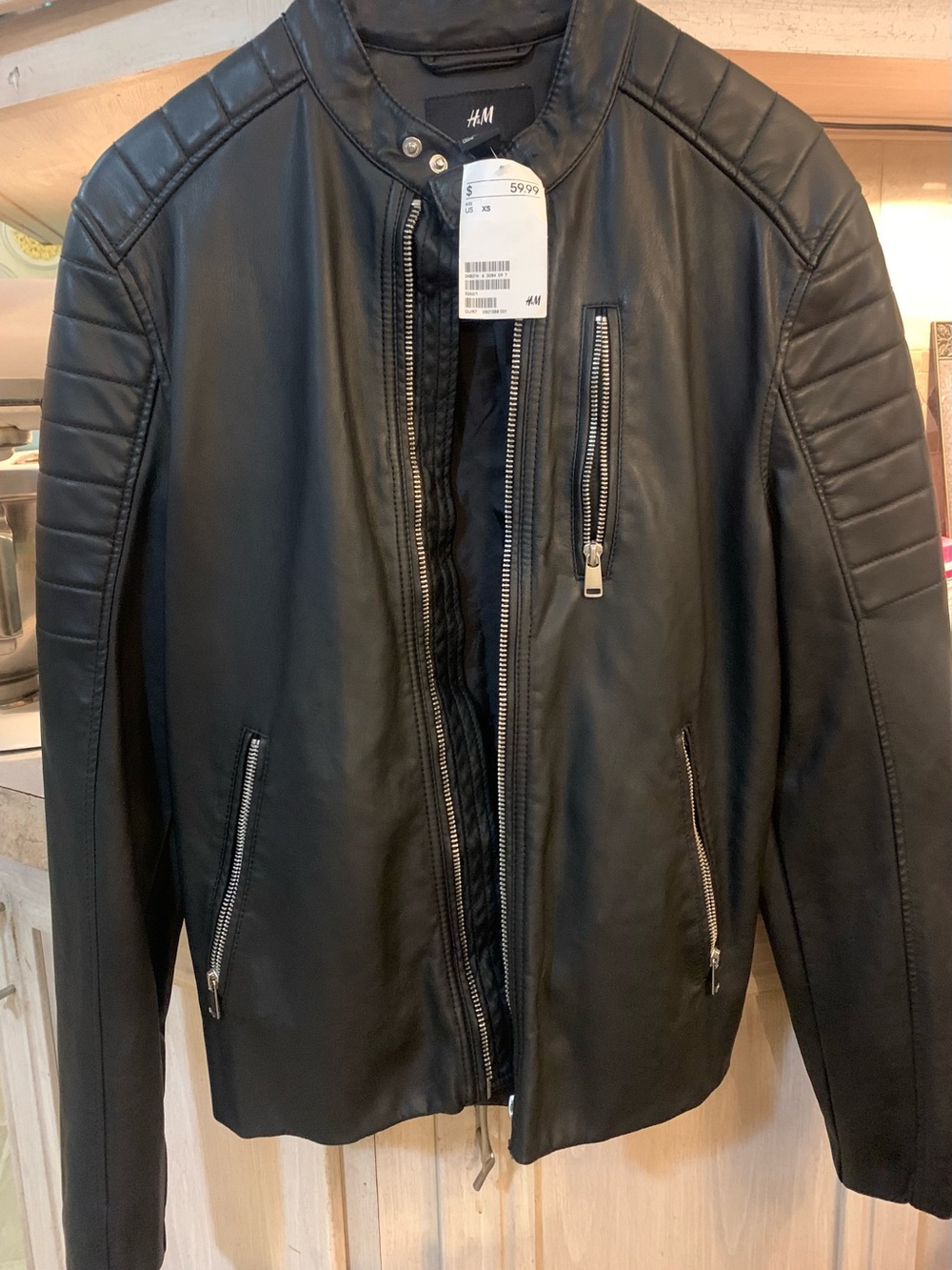 H&M Black Faux Leather Quilted-Shoulder Biker Jacket